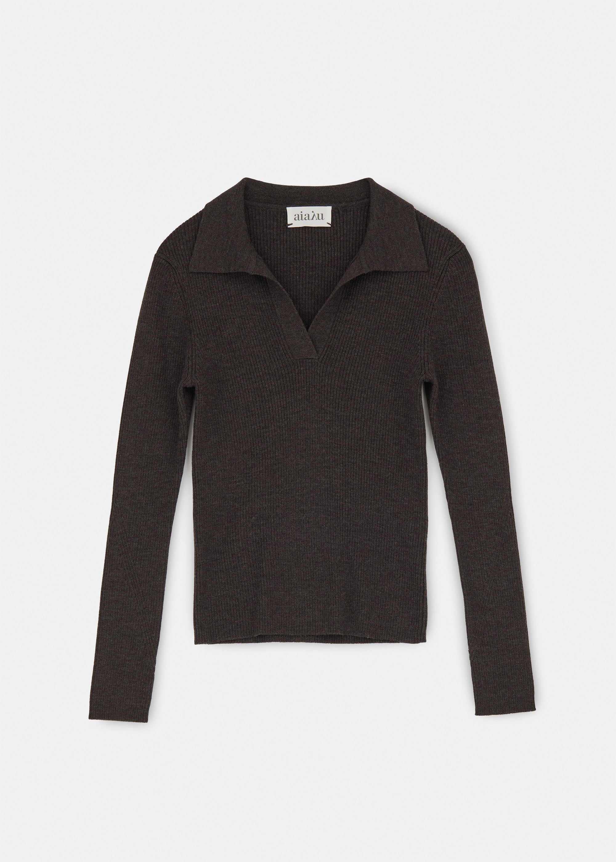 Noa wool polo blouse | Dark Brown Melange